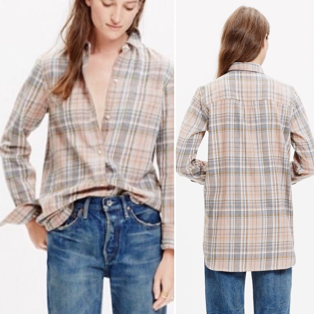 Madewell Ex Boyfriend Camden Plaid Flannel Shirt Button Front Gray Pink Sz XS